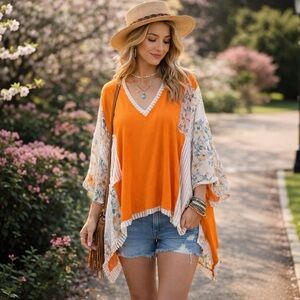 POL Oversized Boho Orange Floral Lace Top